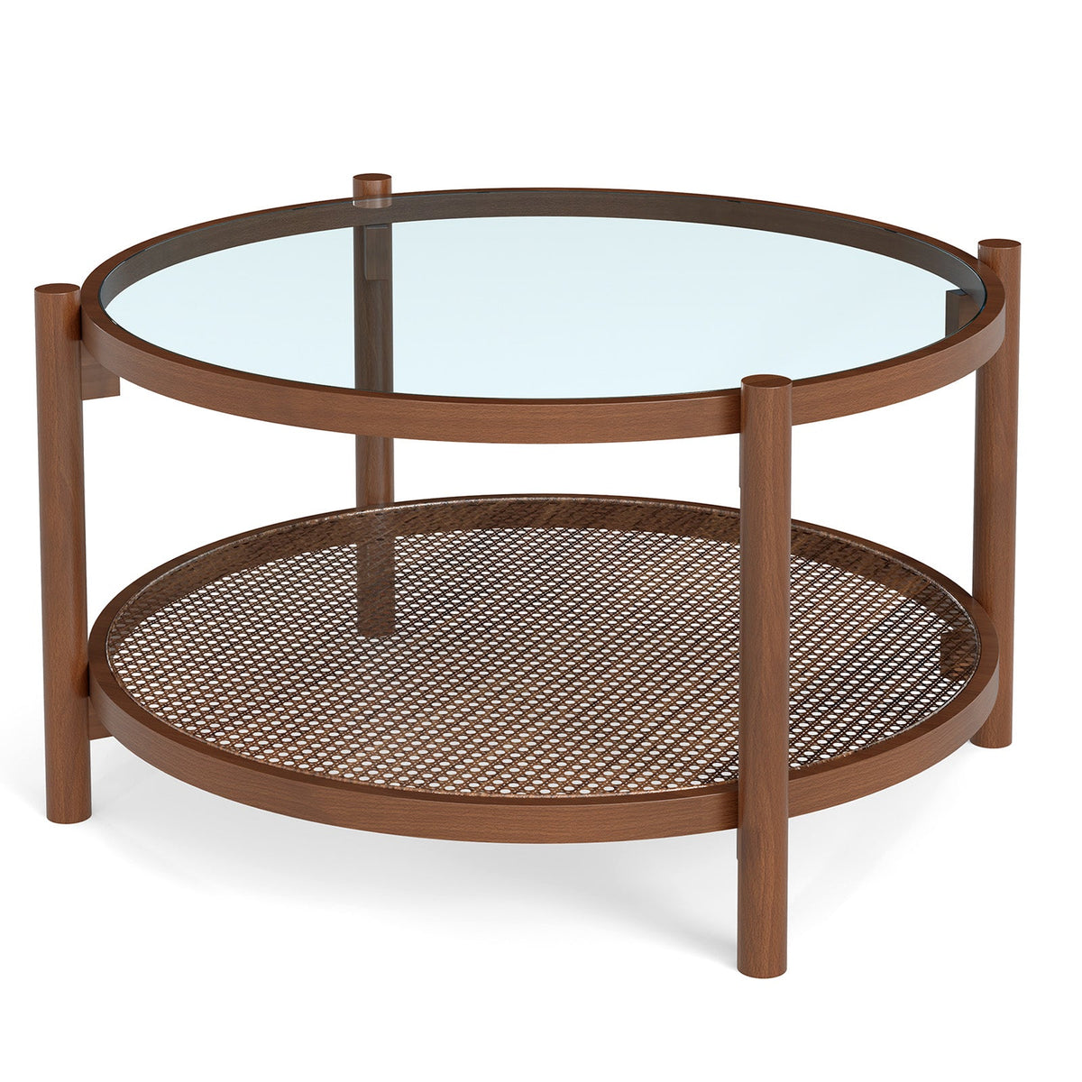 31 Inch 2-Tier Round Coffee Table with Tempered Glass Top for Living Room-Cherry