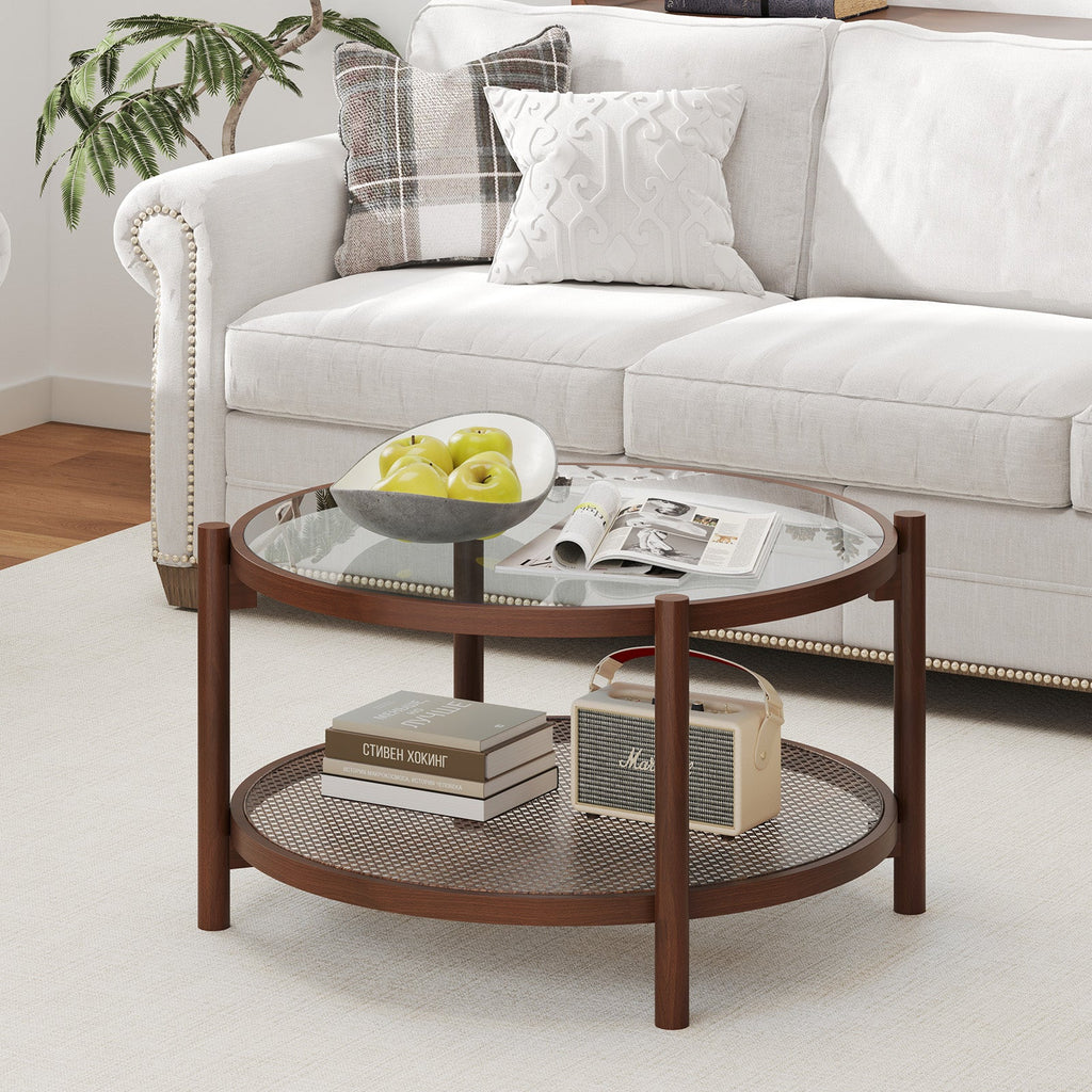 31 Inch 2-Tier Round Coffee Table with Tempered Glass Top for Living Room-Cherry