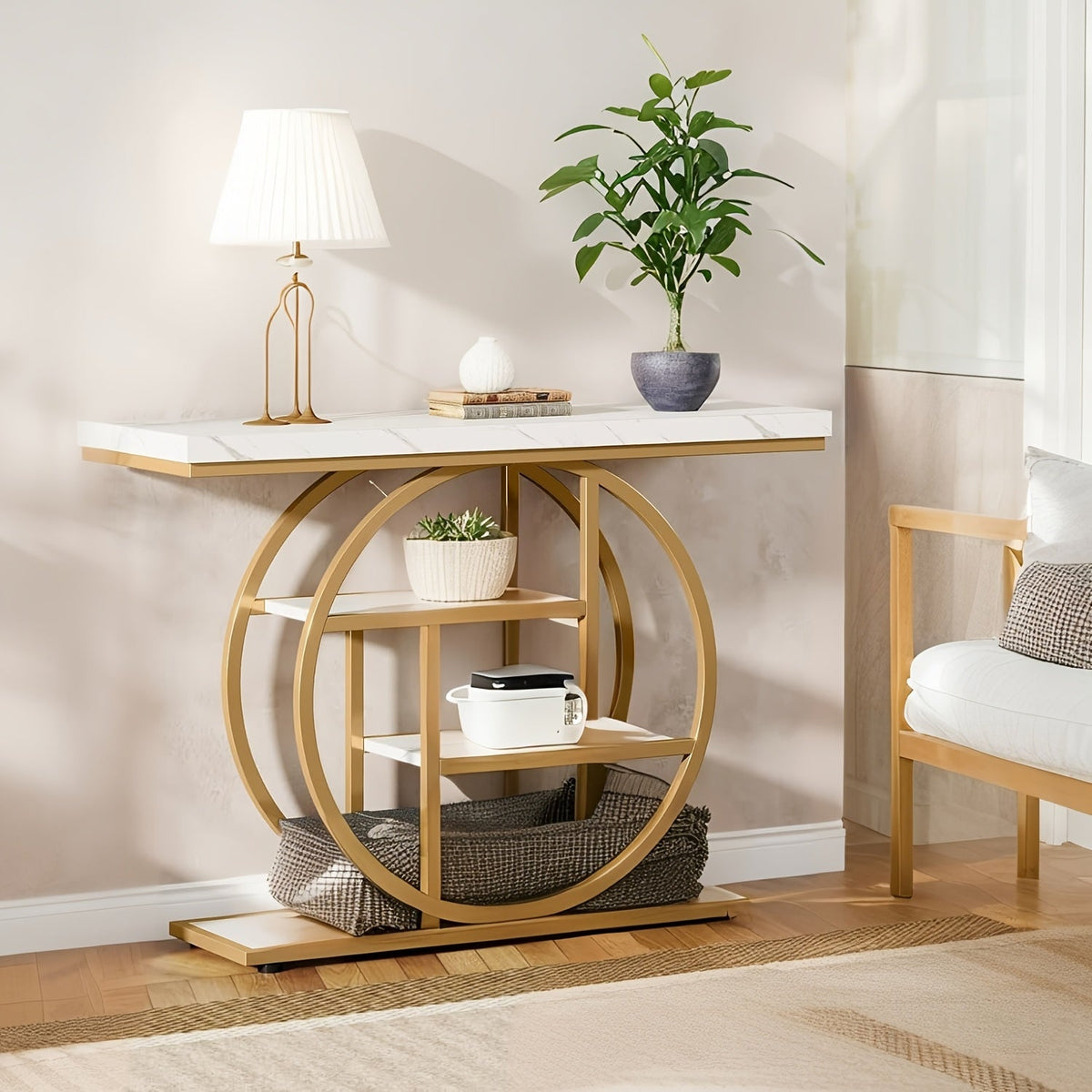 Luxury Gold Console Table with Marble Top, Modern Entryway Sofa Table