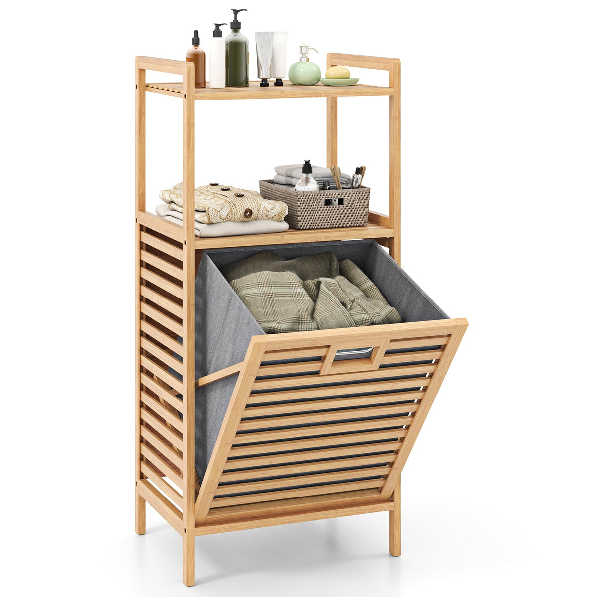 Bamboo Tilt out Laundry Hamper with Foldable and Removable Basket-Natural