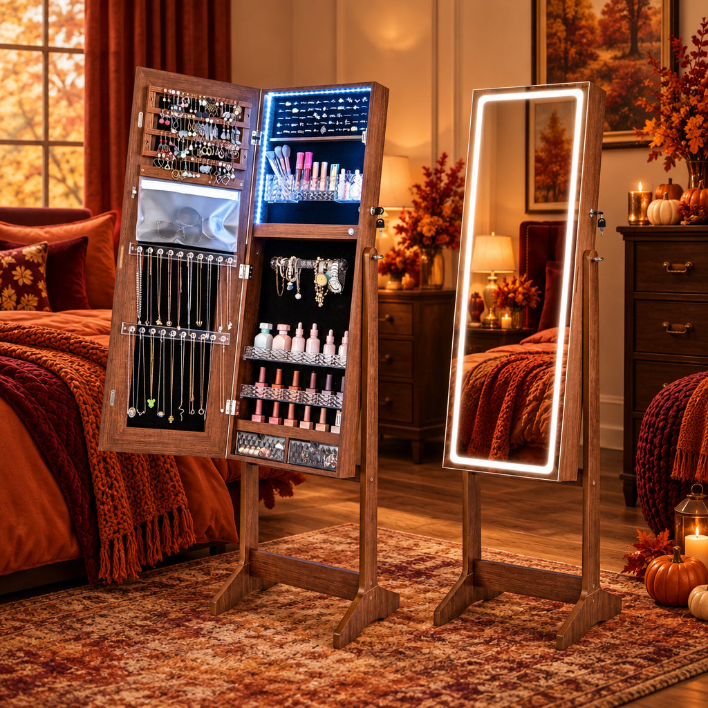Lockable Jewelry Armoire Standing Cabinet with Lighted Full-Length Mirror