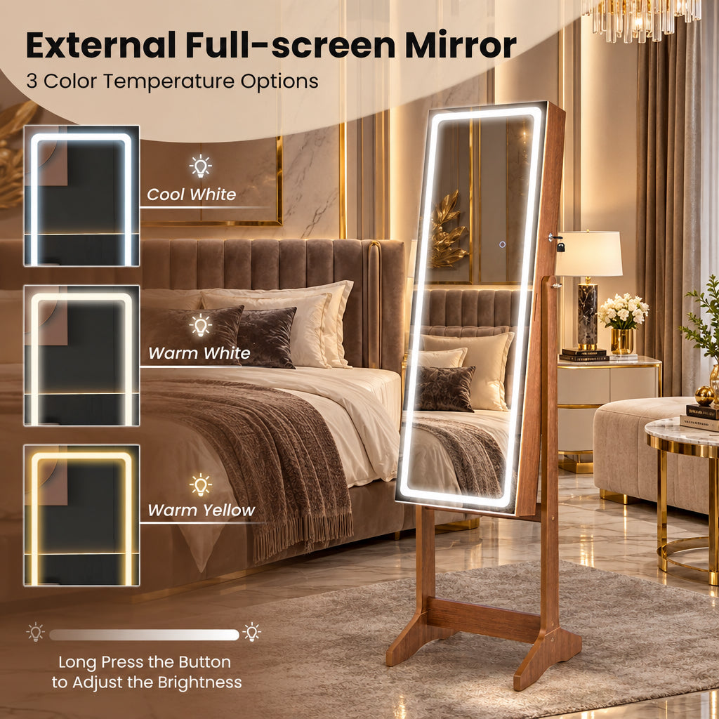 Lockable Jewelry Armoire Standing Cabinet with Lighted Full-Length Mirror