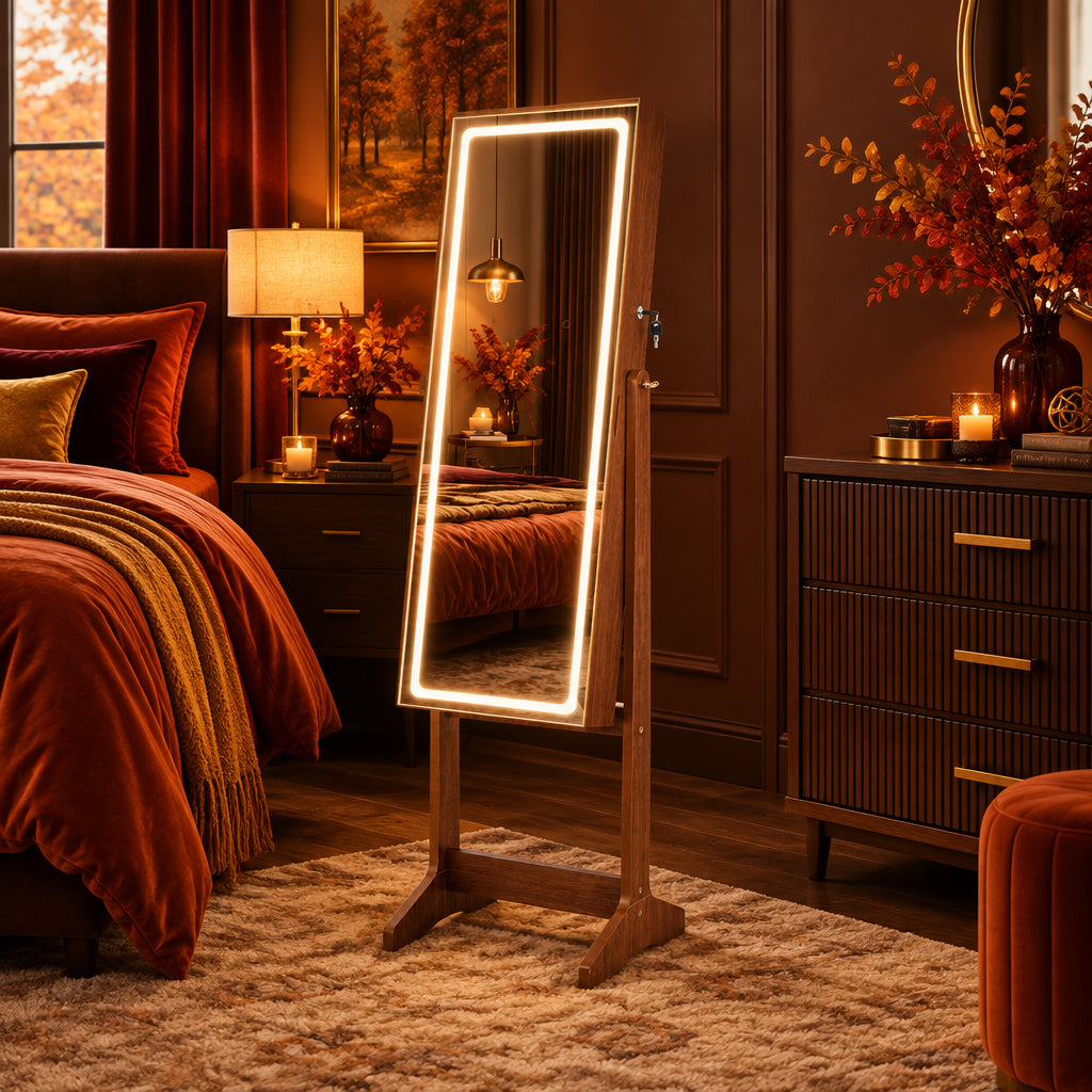 Lockable Jewelry Armoire Standing Cabinet with Lighted Full-Length Mirror