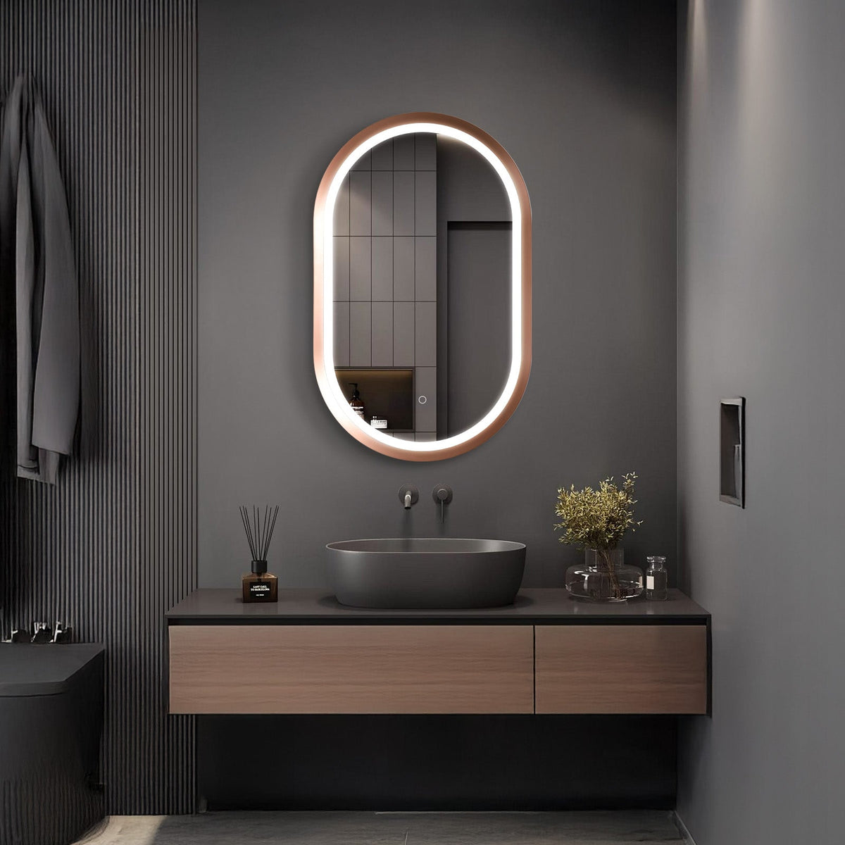 Cacer Oval LED Bathroom Mirror with Lights, Rose Gold Metal Framed LED Mirror for Bathroom, 3 Colors and Stepless Dimmable Flared Frame Bathroom Vanity Mirror, Anti-Fog