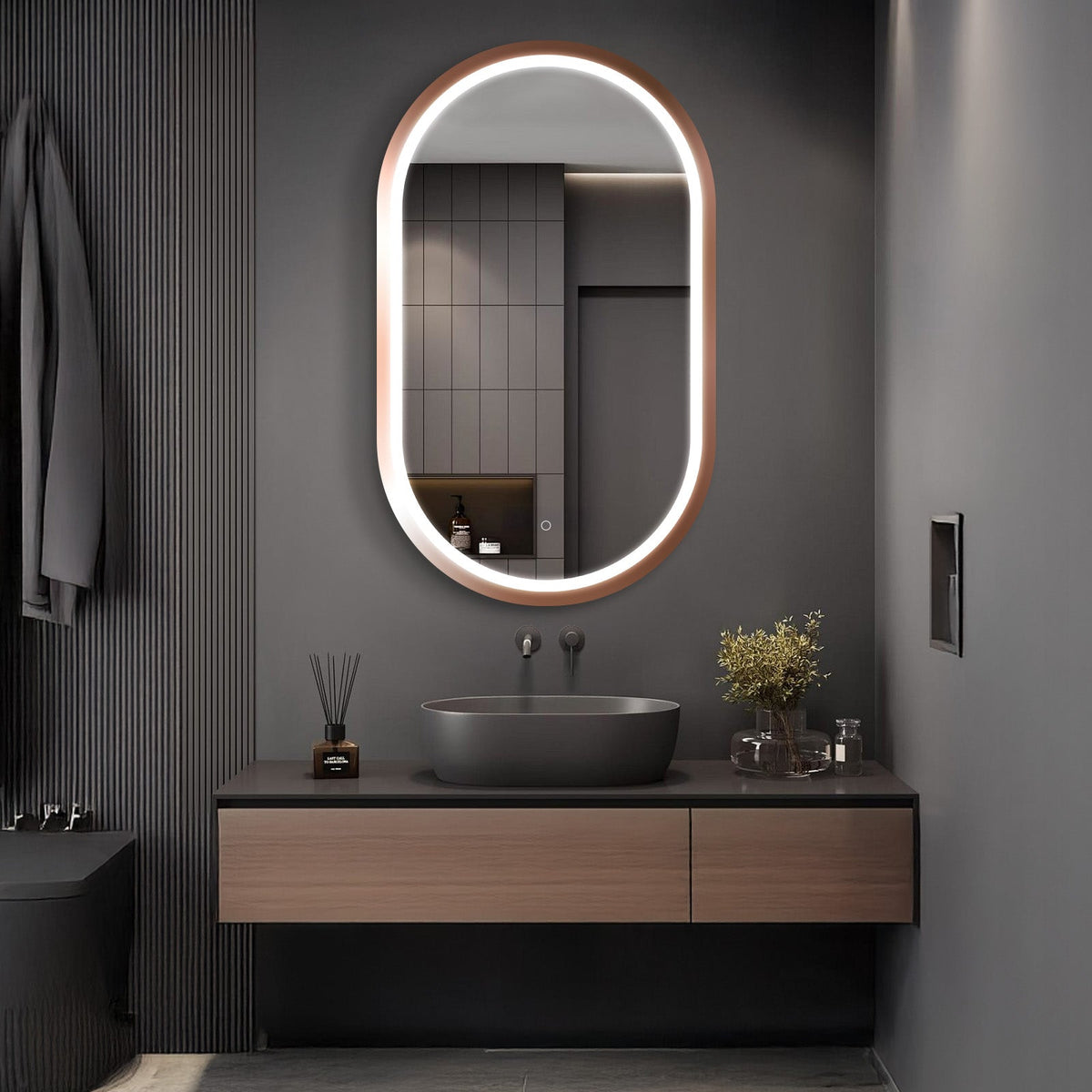 Cacer Oval LED Bathroom Mirror with Lights, Rose Gold Metal Framed LED Mirror for Bathroom, 3 Colors and Stepless Dimmable Flared Frame Bathroom Vanity Mirror, Anti-Fog
