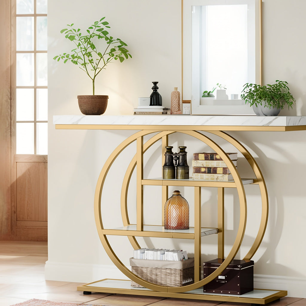 Luxury Gold Console Table with Marble Top, Modern Entryway Sofa Table
