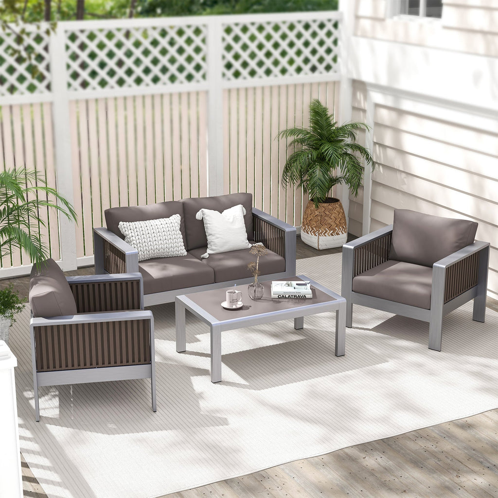 Patio Aluminum Loveseat Sofa Outdoor Furniture Set with Thick Back and Seat Cushions-Gray