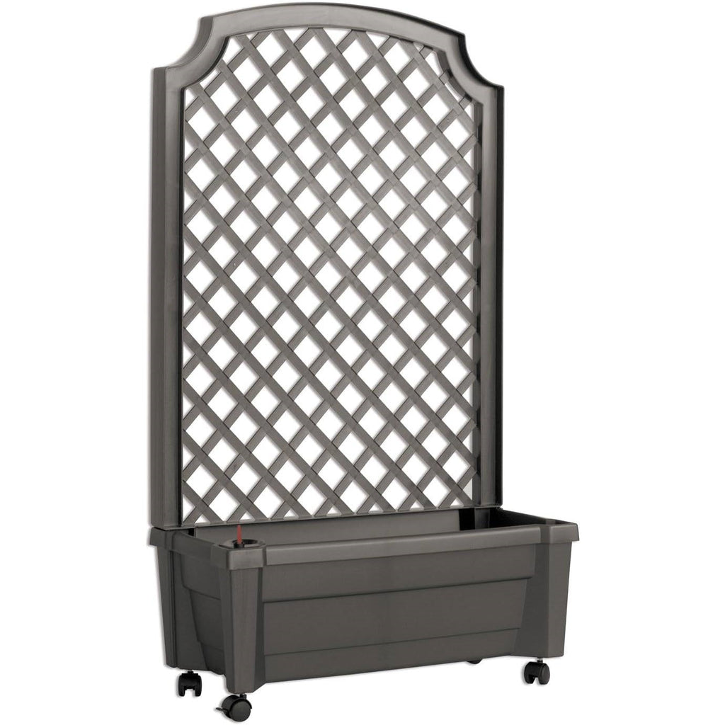 Outdoor Self-Watering Garden Planter with Trellis and Wheels in Grey Plastic