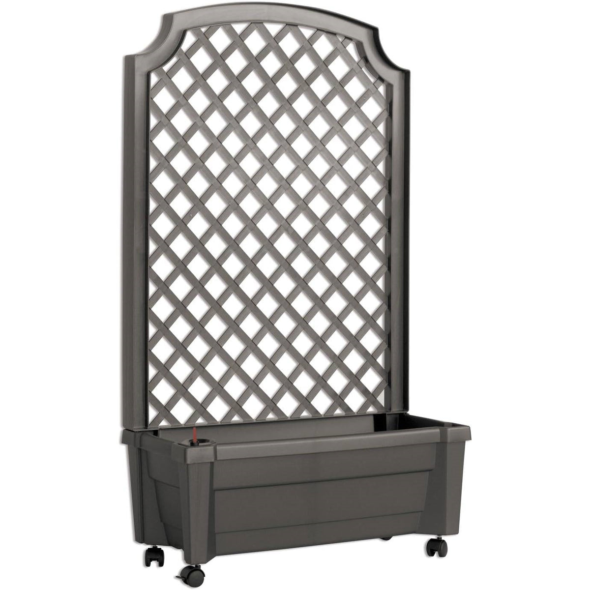 Outdoor Self-Watering Garden Planter with Trellis and Wheels in Grey Plastic