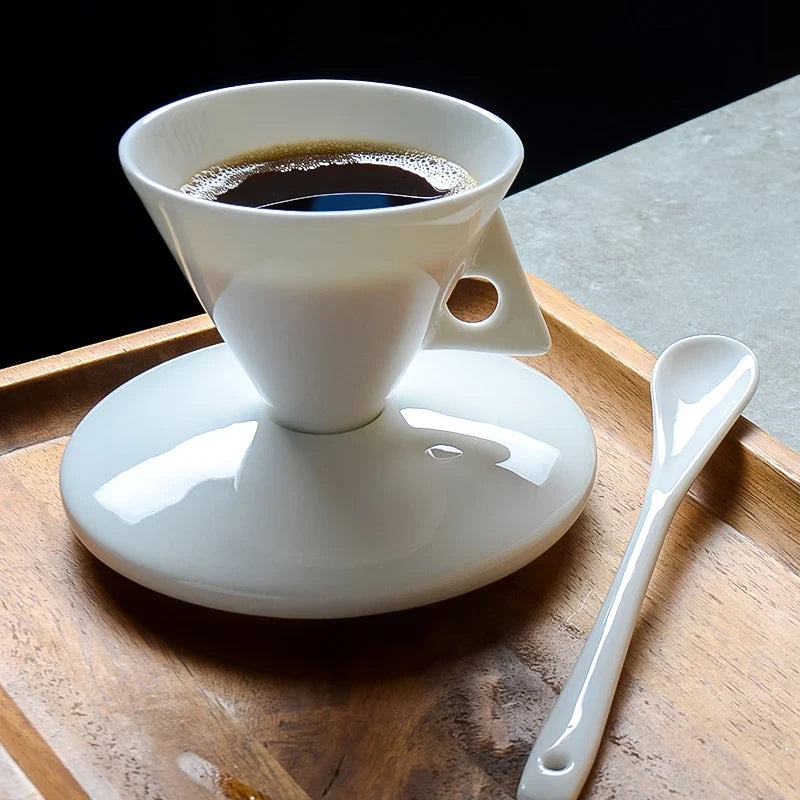 PDQ Bone China Espresso Cup & Saucer with Spoon — Single Small Handgrip Coffee Mug