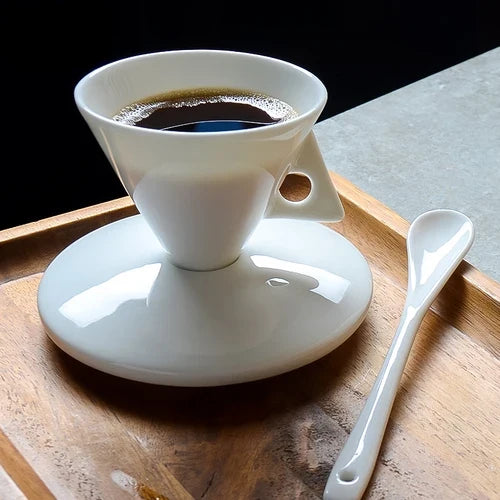 PDQ Bone China Espresso Cup & Saucer with Spoon — Single Small Handgrip Coffee Mug