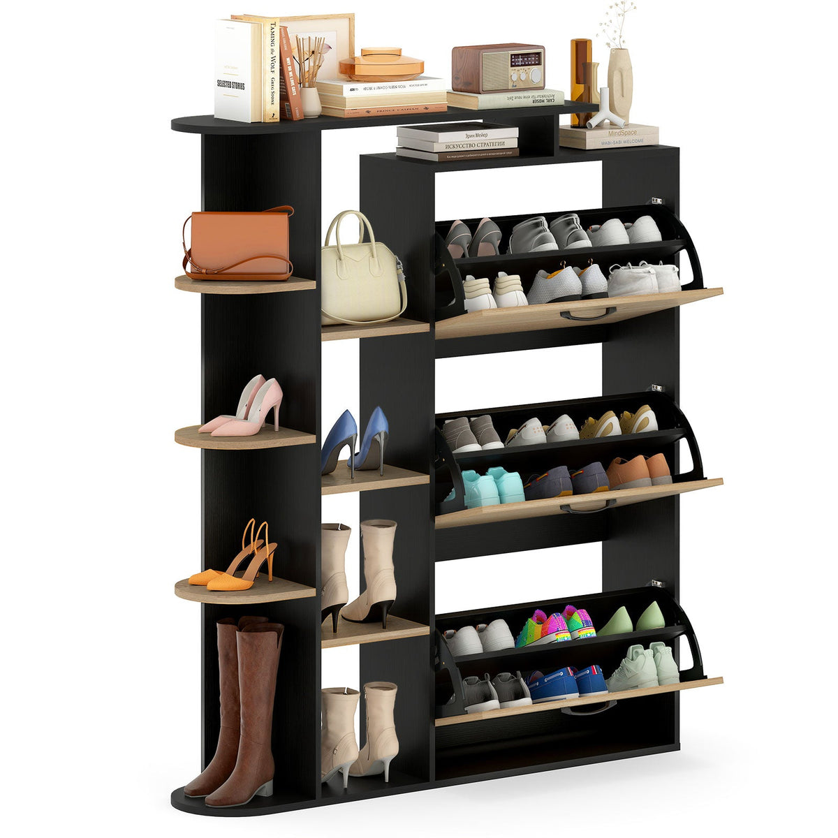 Shoe Cabinet with Open Shelves Modern Shoe Organizer with 3 Flip Drawers