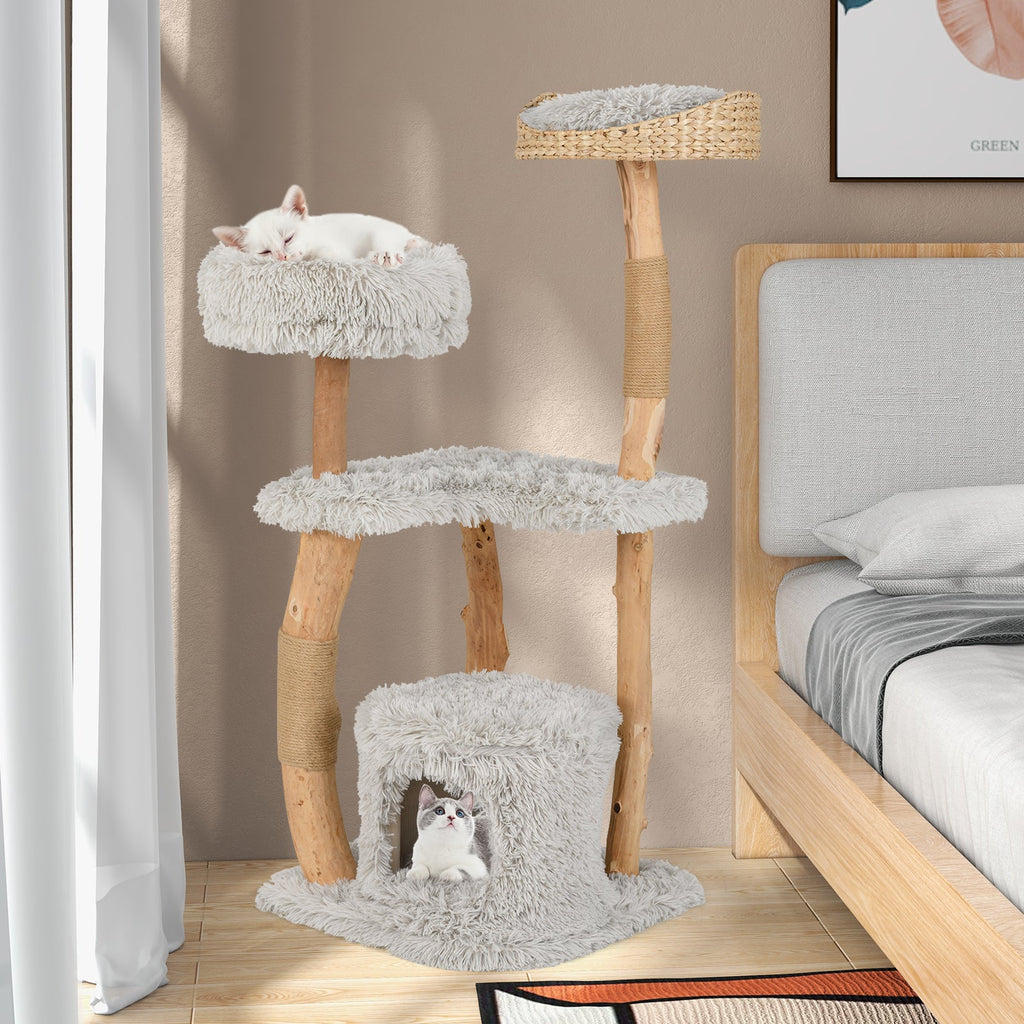 Solid Wood Cat Tower with Top Cattail Basket Cat Bed-Gray
