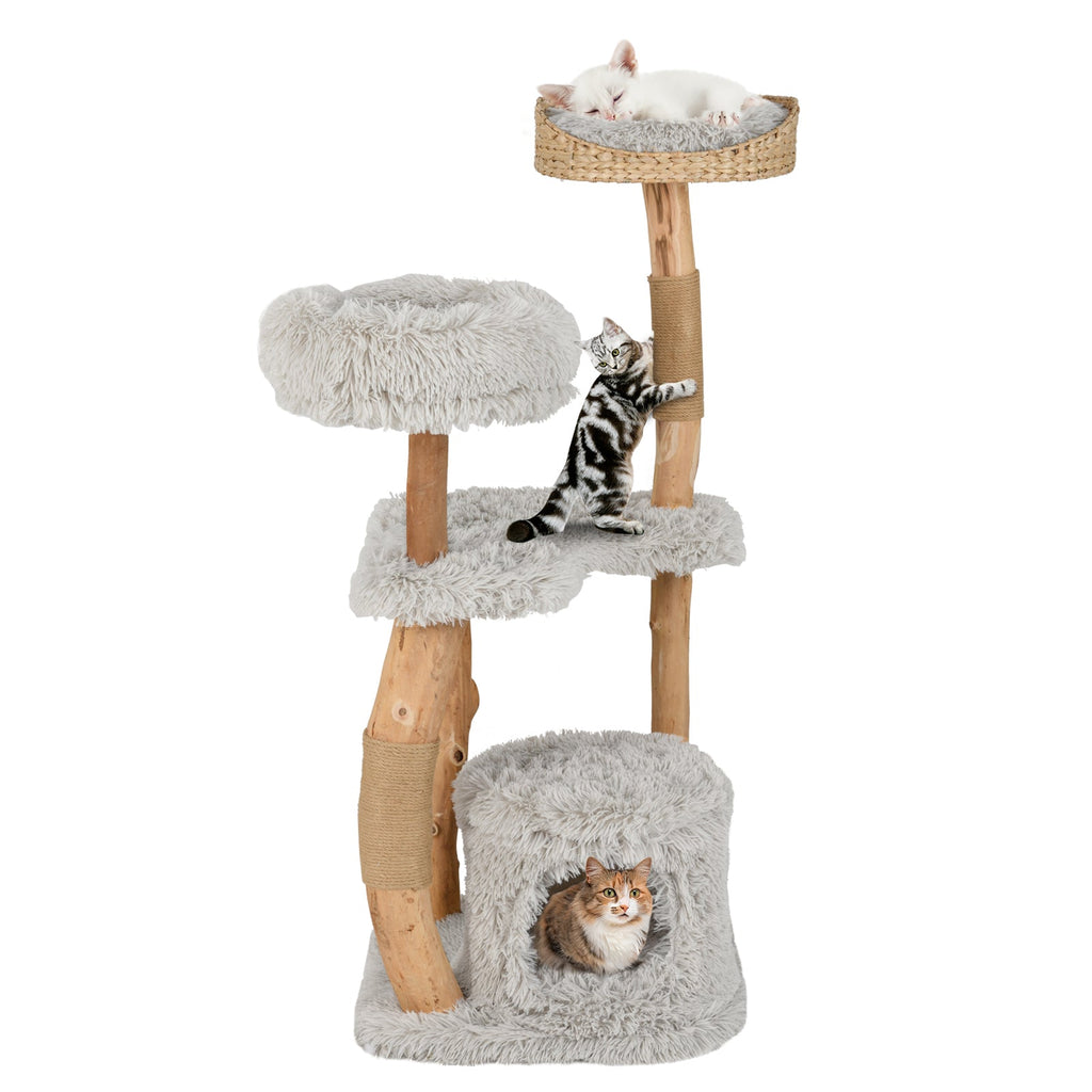 Solid Wood Cat Tower with Top Cattail Basket Cat Bed-Gray
