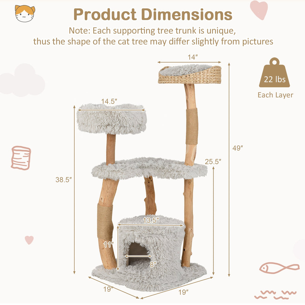 Solid Wood Cat Tower with Top Cattail Basket Cat Bed-Gray