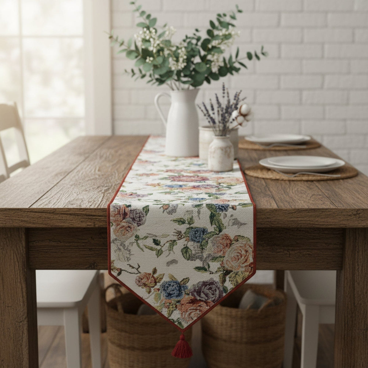 DaDa Bedding Vintage Romantic Roses Lovely Pink Floral Woven Tapestry Dining Table Runner (879)