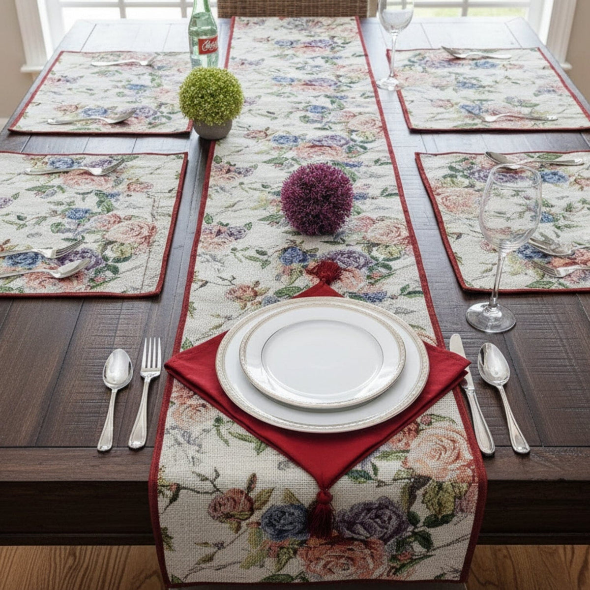 DaDa Bedding Vintage Romantic Roses Lovely Pink Floral Woven Tapestry Dining Table Runner (879)