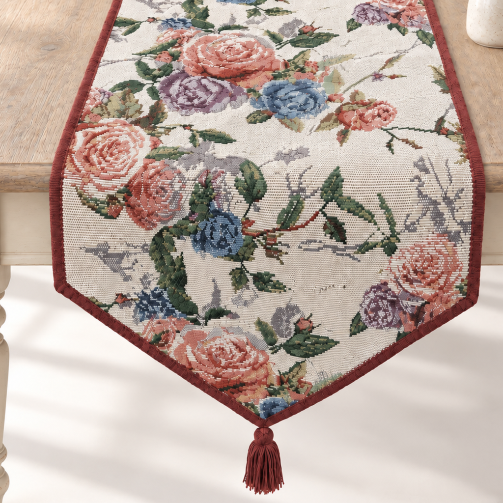 DaDa Bedding Vintage Romantic Roses Lovely Pink Floral Woven Tapestry Dining Table Runner (879)