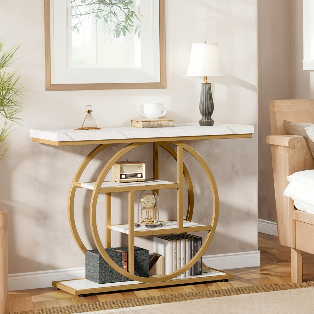 Luxury Gold Console Table with Marble Top, Modern Entryway Sofa Table