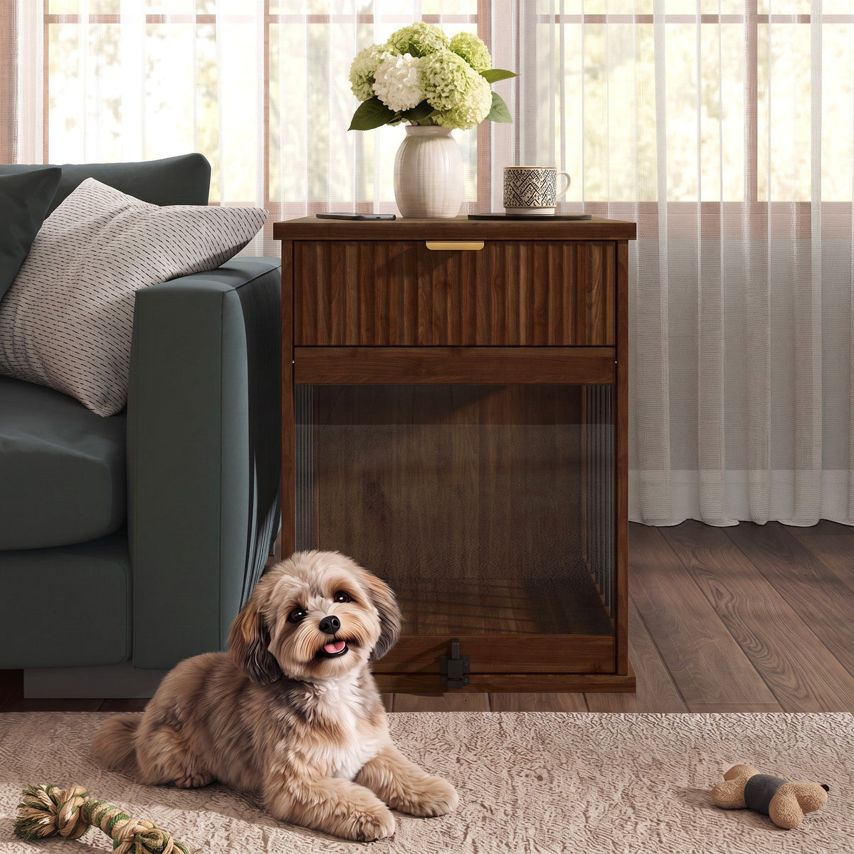 Dog Crate End Table with Charging Station and Storage
