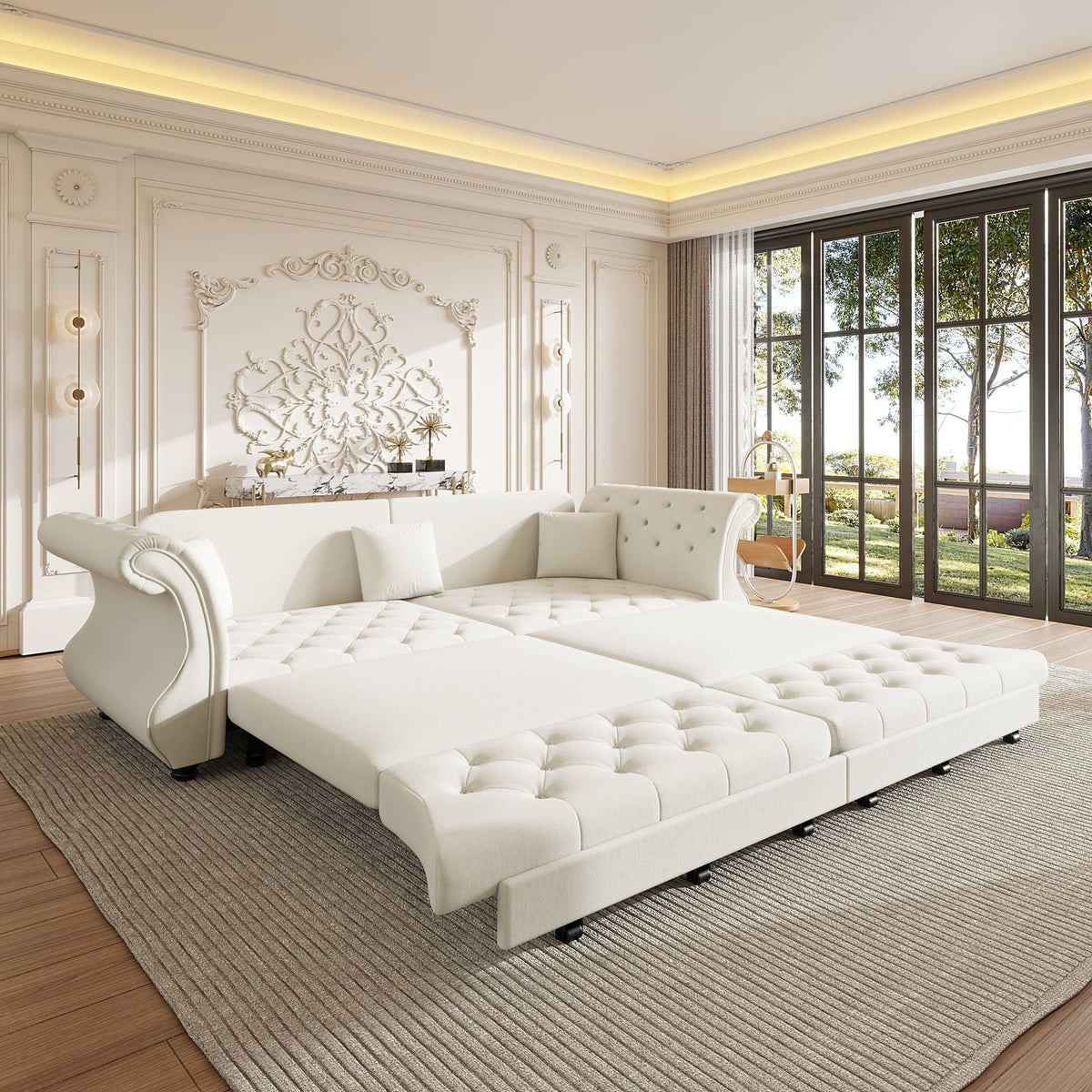 Oversized Chesterfield Pull Out Sofa Bed, Roll Arm Couch With Flower Tufting For Living Room