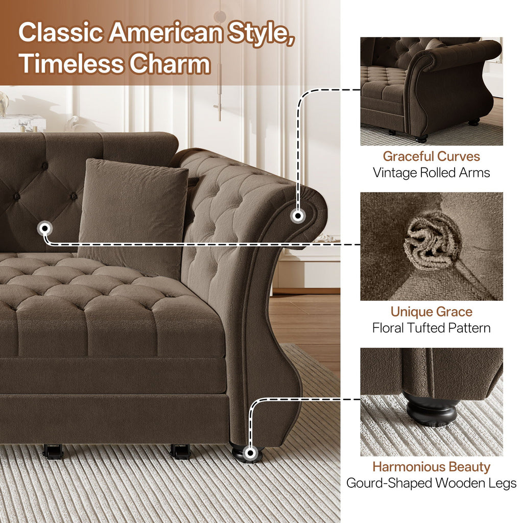 Oversized Chesterfield Pull Out Sofa Bed, Roll Arm Couch With Flower Tufting For Living Room