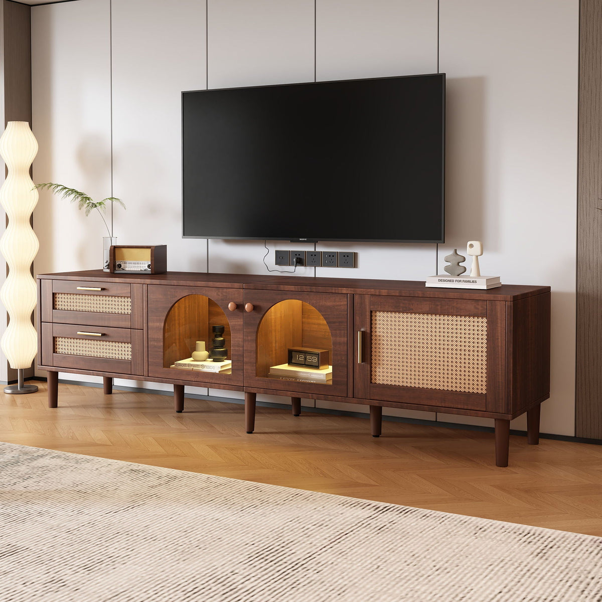 TV Stand With 3 Cabinets & 2 Drawers, LED Light Media Console For TVs Up To 80" - Dark Brown