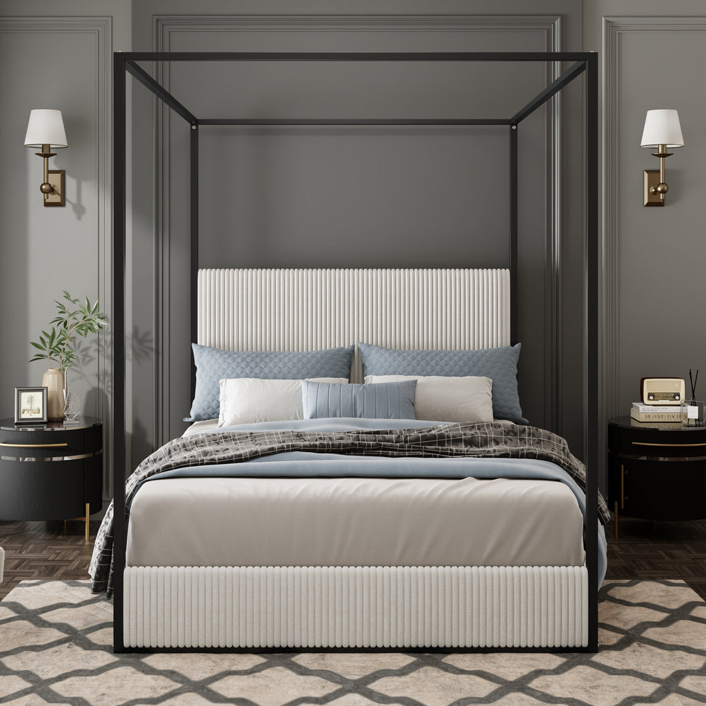 Modern Luxury Metal Canopy Bed with Tall Upholstered Headboard