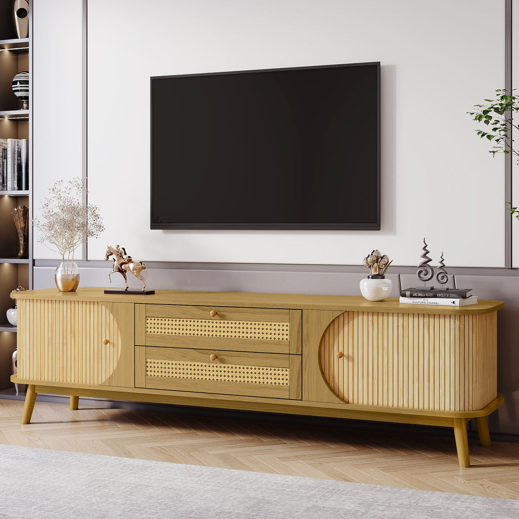 Rattan TV Stand For Tvs Up To 75'', Modern Farmhouse Media Console, Entertainment Center With Legs, TV Cabinet For Living Room, Home Theatre - Natural Wood