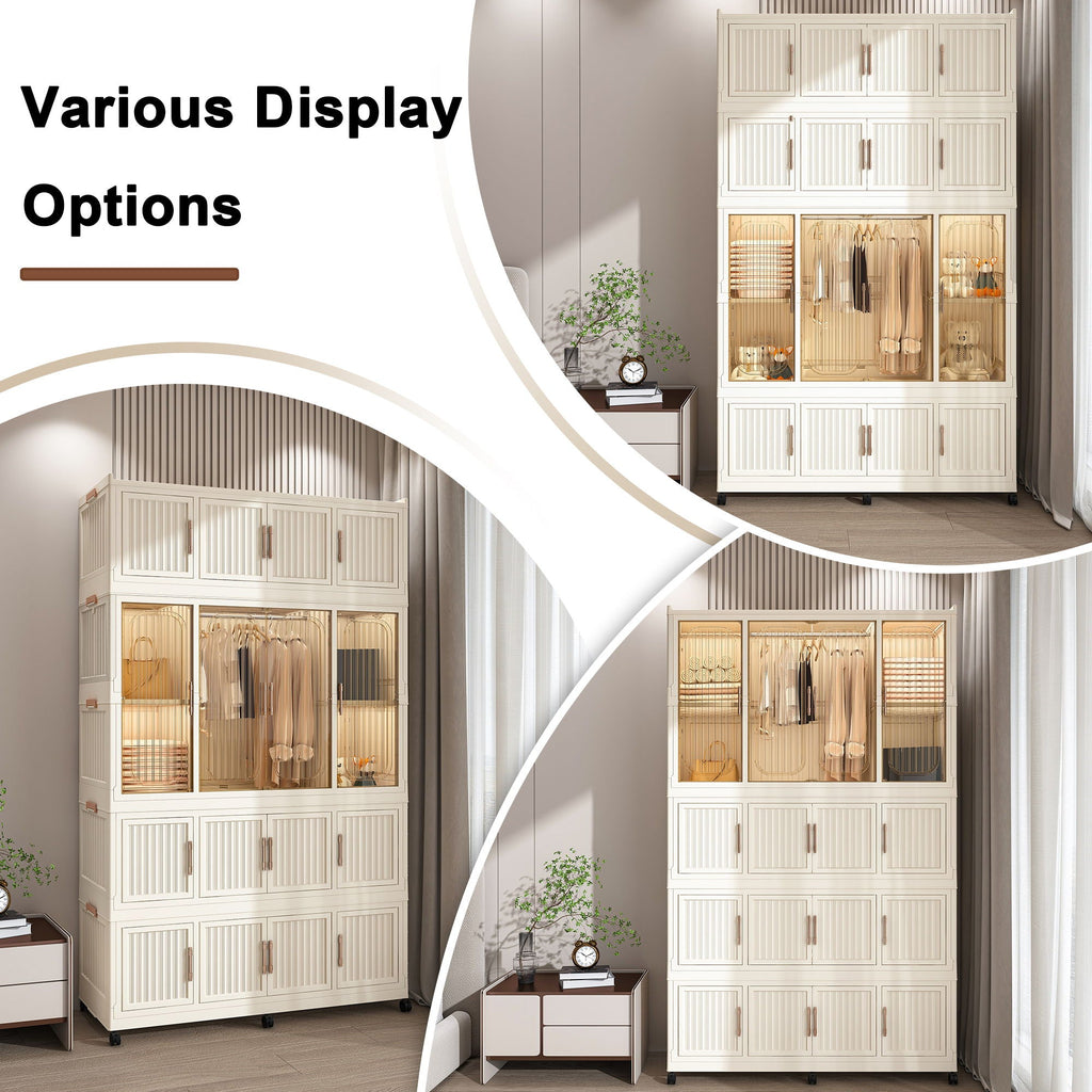 Portable Wardrobe Closet Storage Organizer With 17 Magnetic Doors, 17 Cubes, Hanging Rod & 6 Hangers - Creamy White