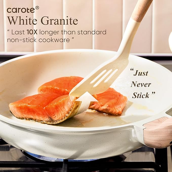 CAROTE 21Pcs Pots and Pans Set, Nonstick Cookware Sets, White Granite Induction Cookware Non Stick Cooking Set w/Frying Pans & Saucepans(PFOS, PFOA Free)