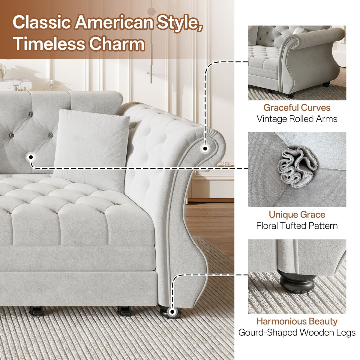 Oversized Chesterfield Pull Out Sofa Bed, Roll Arm Couch With Flower Tufting For Living Room