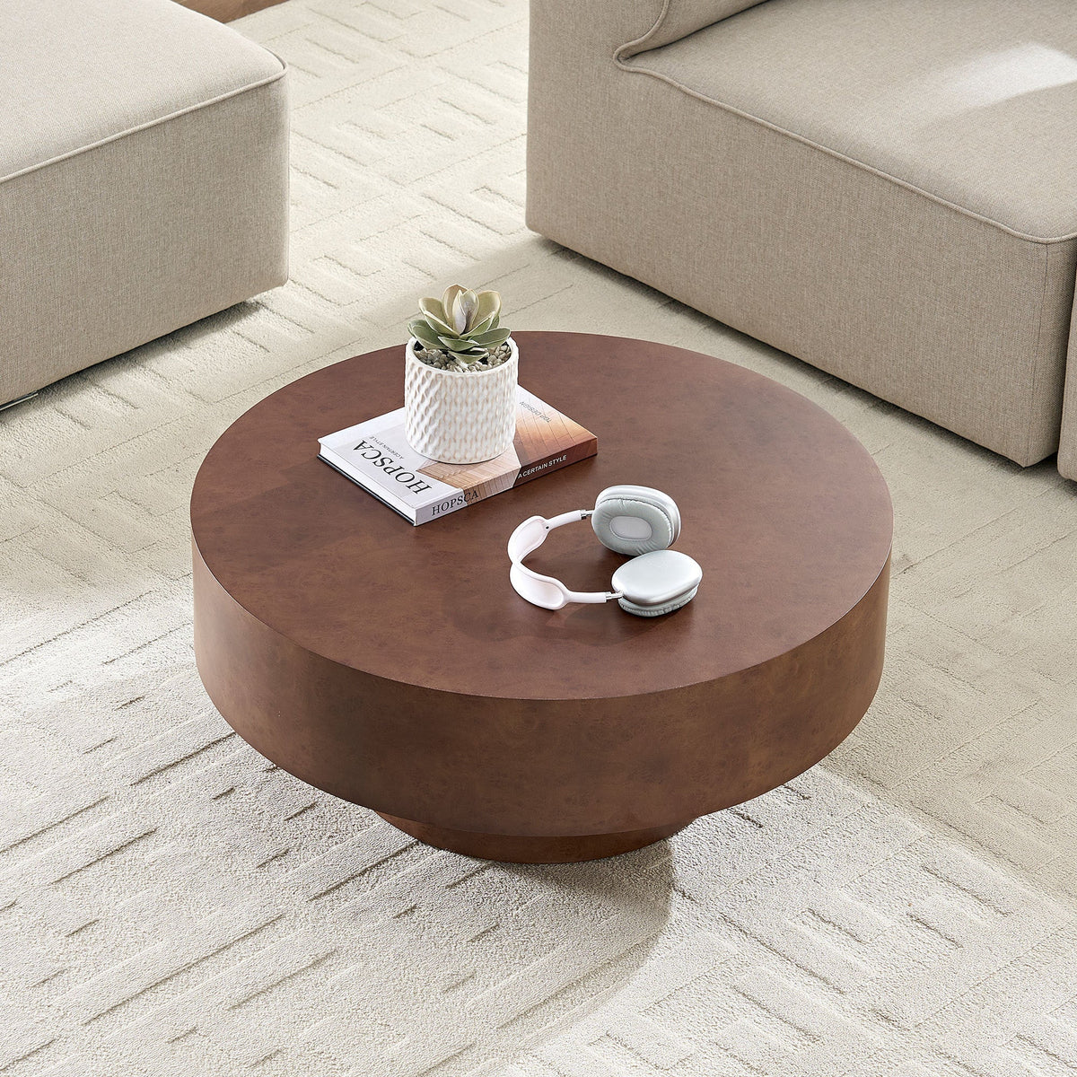 31.49'' Faux Burl Wood Pattern Round Coffee Table with Sturdy Pedestal