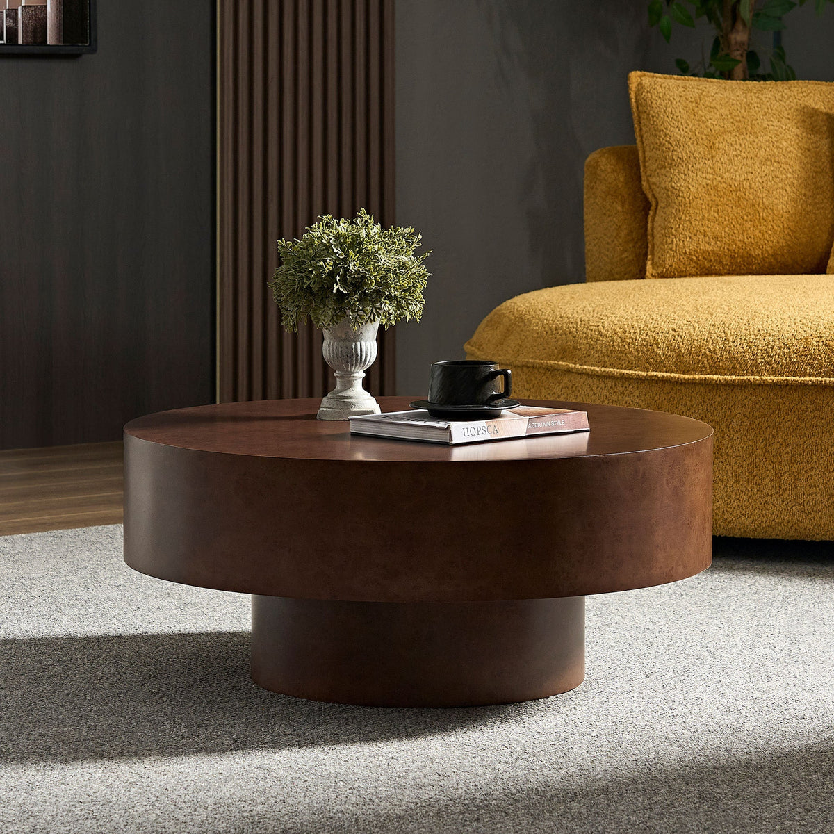31.49'' Faux Burl Wood Pattern Round Coffee Table with Sturdy Pedestal
