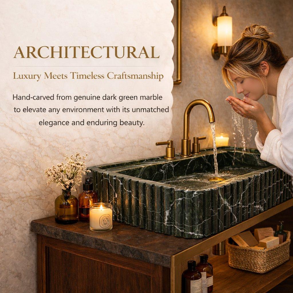 Green Levanto Hand-Carved Marble Vessel Sink for Bathroom & Kitchen | E-23