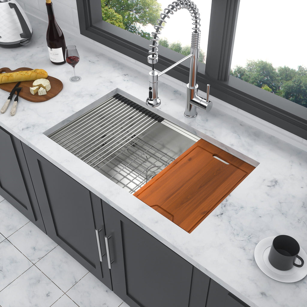 Premium Single Bowl Undermount Workstation Kitchen Sink With Accessories, Finish, 16 Gauge Stainless Steel - Black