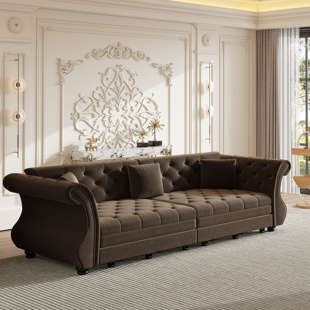 Oversized Chesterfield Pull Out Sofa Bed, Roll Arm Couch With Flower Tufting For Living Room
