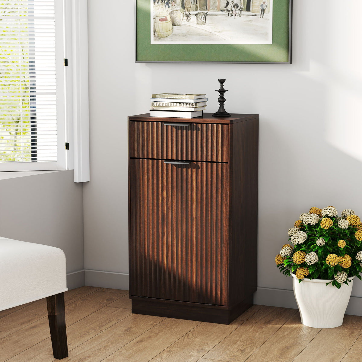 Tilt Out Trash Can Cabinet With Wave Textured Drawer & Pull Out Bin