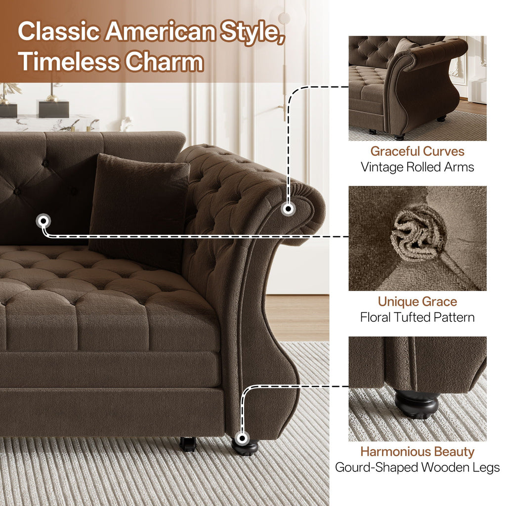 Oversized Chesterfield Pull Out Sofa Bed, Roll Arm Couch With Flower Tufting For Living Room