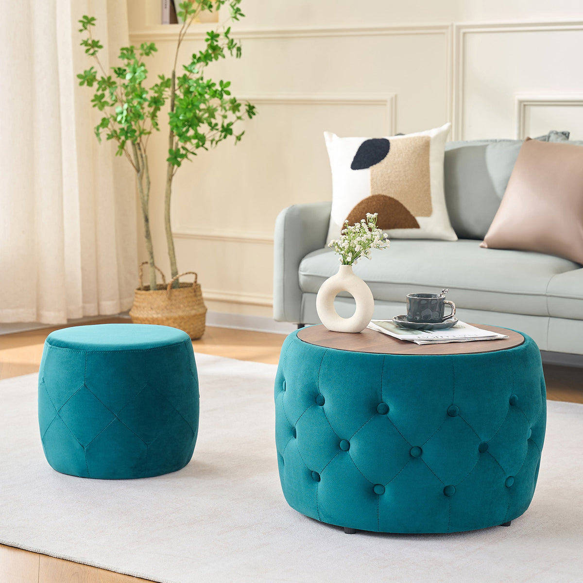 Luxurious Velvet Nesting Ottomans of 2 - 4-in-1 Function