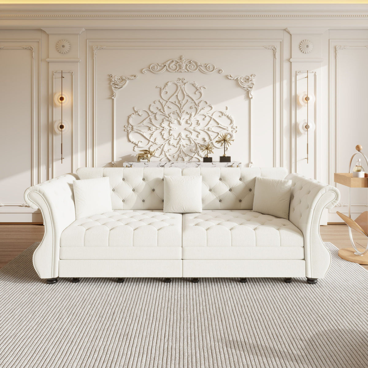 Oversized Chesterfield Pull Out Sofa Bed, Roll Arm Couch With Flower Tufting For Living Room