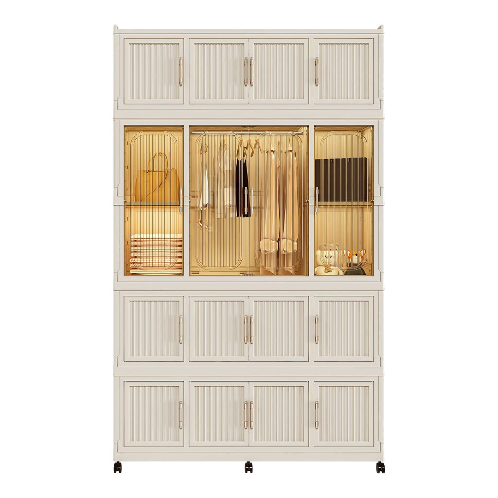 Portable Wardrobe Closet Storage Organizer With 17 Magnetic Doors, 17 Cubes, Hanging Rod & 6 Hangers - Creamy White