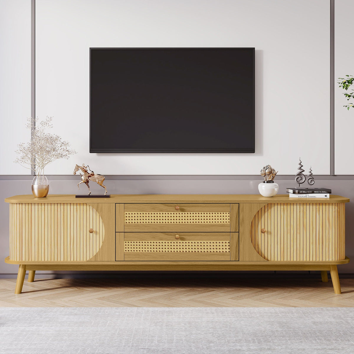 Rattan TV Stand For Tvs Up To 75'', Modern Farmhouse Media Console, Entertainment Center With Legs, TV Cabinet For Living Room, Home Theatre - Natural Wood