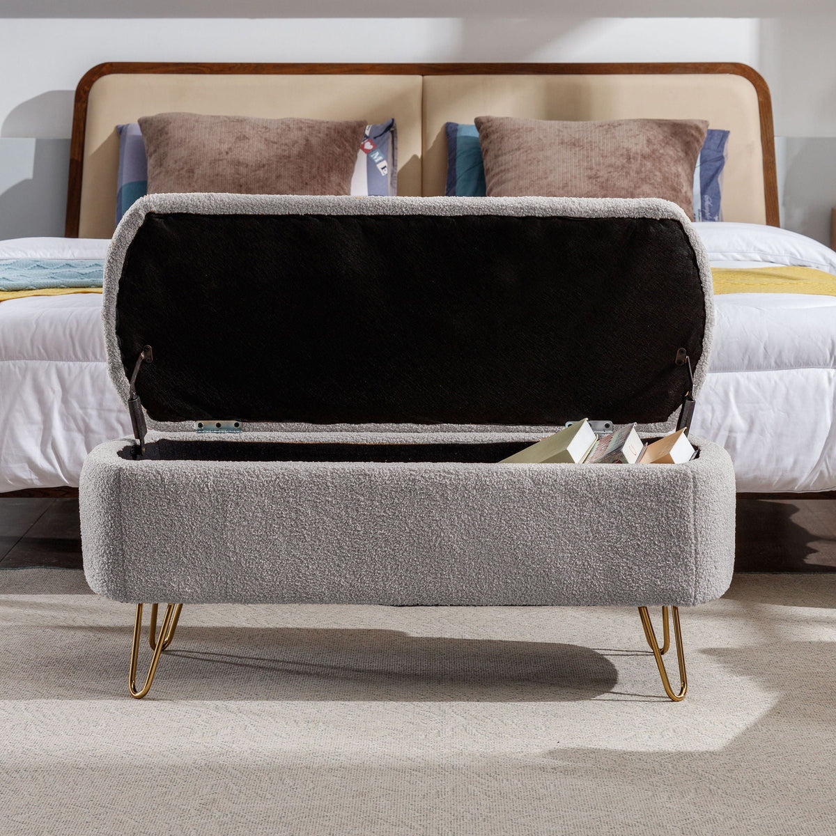 Storage Ottoman Bench For End Of Bed Legs, Modern Camel Faux Fur Entryway Bench Upholstered Padded With Storage For Living Room Bedroom