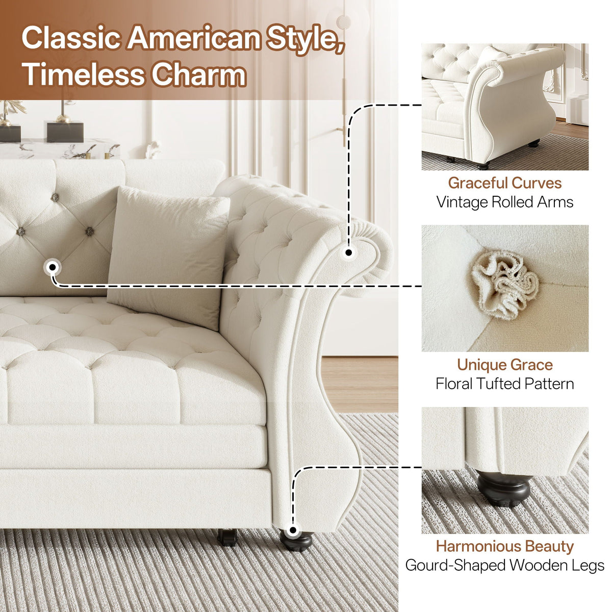 Oversized Chesterfield Pull Out Sofa Bed, Roll Arm Couch With Flower Tufting For Living Room
