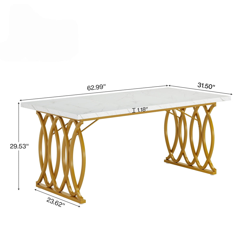 Large Rectangular Dining Table Kitchen Table With Geometric Legs - White / Gold