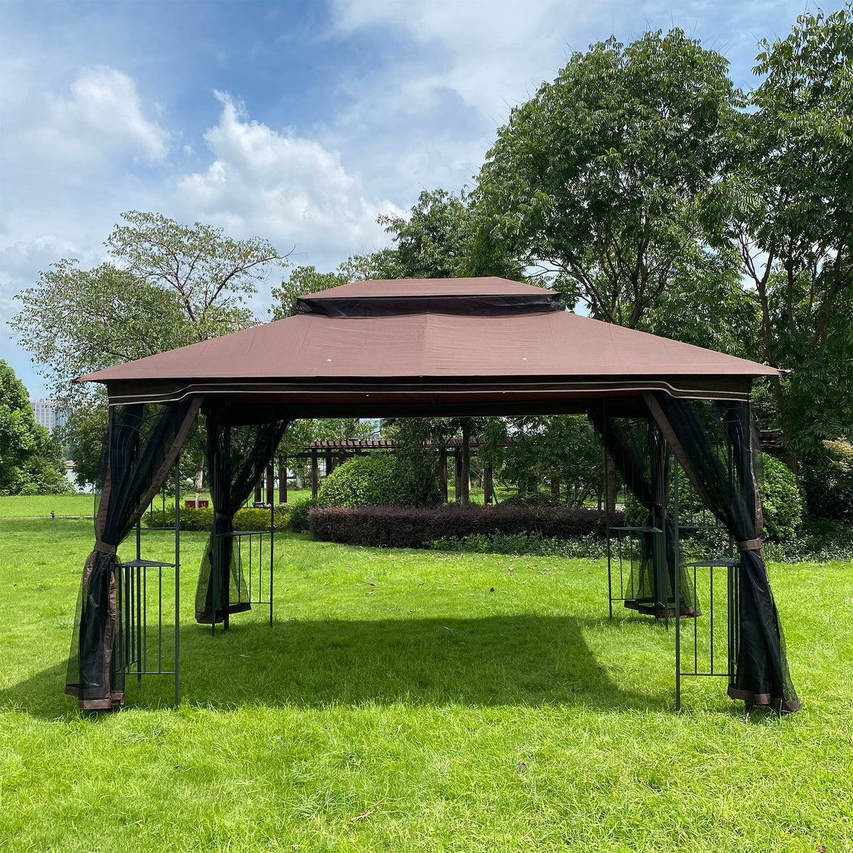 13 0 Outdoor Patio Gazebo Canopy Tent With Ventilated Double Roof And Mosquito Net (Detachable Mesh Screen On All Sides) Suitable For Lawn Garden Backyard And Deck Top - Brown