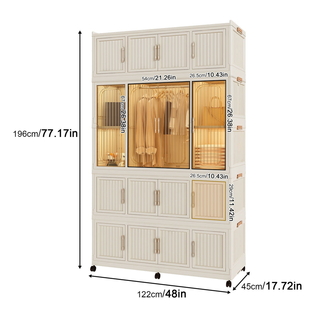 Portable Wardrobe Closet Storage Organizer With 17 Magnetic Doors, 17 Cubes, Hanging Rod & 6 Hangers - Creamy White