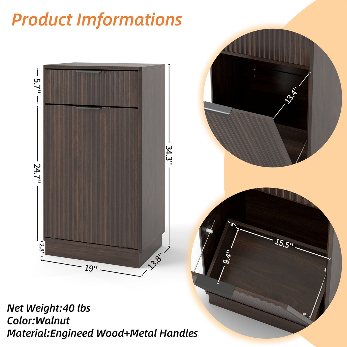 Tilt Out Trash Can Cabinet With Wave Textured Drawer & Pull Out Bin