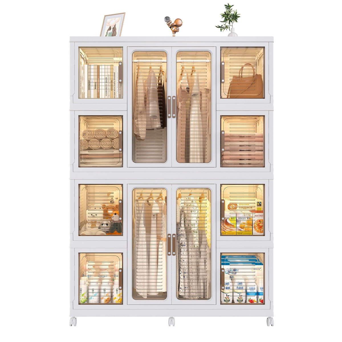 Portable Wardrobe Closet Storage Organizer For Clothes With Magnetic Doors, 12 Cubes & 2 Hanging Rods - White